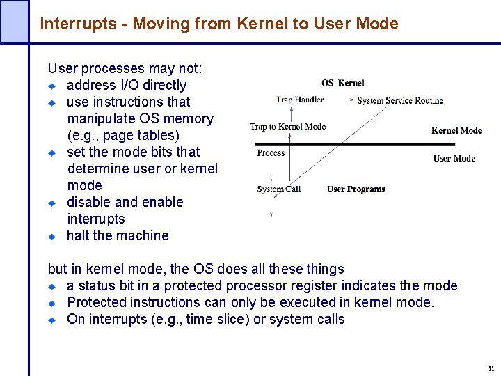 Interrupts - Moving from Kernel to User Mode User processes may not: address I/O