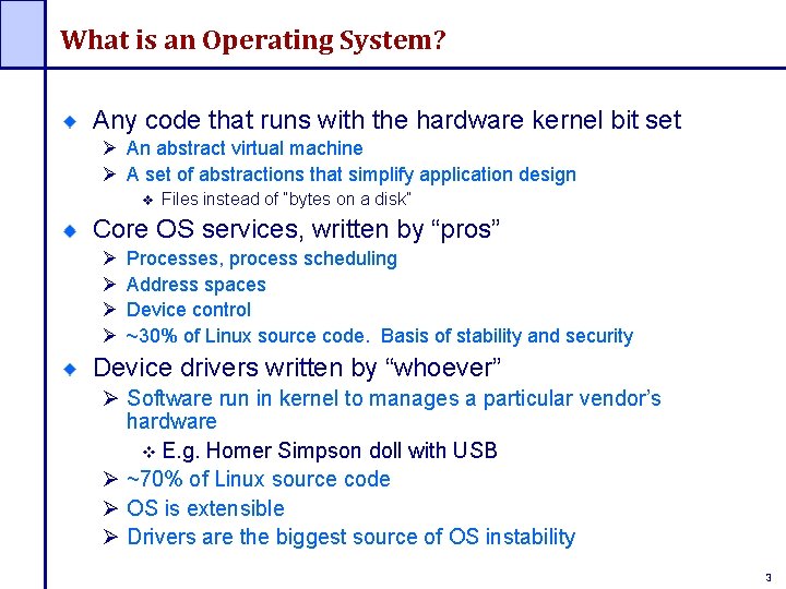 What is an Operating System? Any code that runs with the hardware kernel bit