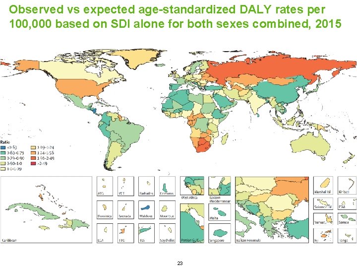 Observed vs expected age-standardized DALY rates per 100, 000 based on SDI alone for