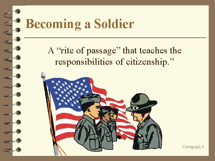 Becoming a Soldier A “rite of passage” that teaches the responsibilities of citizenship. ”