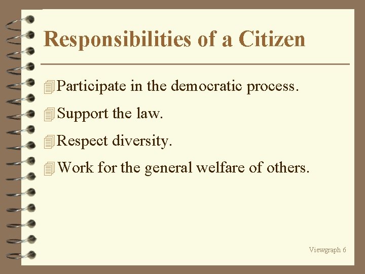 Responsibilities of a Citizen 4 Participate in the democratic process. 4 Support the law.