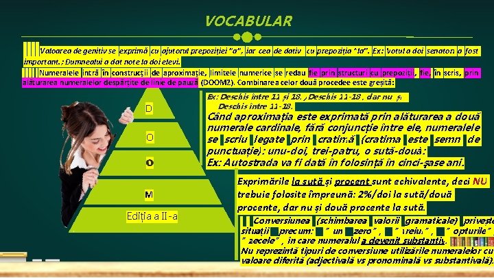 VOCABULAR Valoarea de genitiv se exprimă cu ajutorul prepoziției ”a”, iar cea de dativ