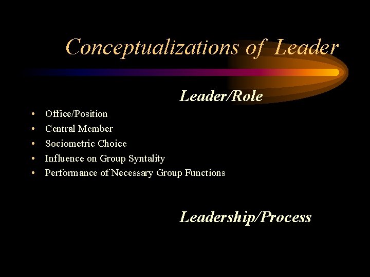 Conceptualizations of Leader/Role • • • Office/Position Central Member Sociometric Choice Influence on Group