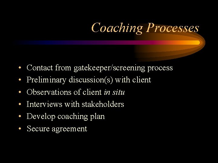 Coaching Processes • • • Contact from gatekeeper/screening process Preliminary discussion(s) with client Observations