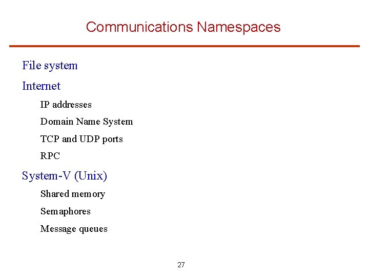 Communications Namespaces File system Internet IP addresses Domain Name System TCP and UDP ports