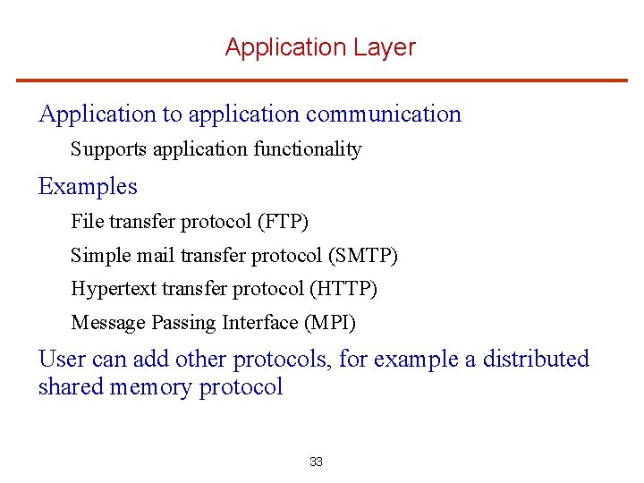 Application Layer Application to application communication Supports application functionality Examples File transfer protocol (FTP)