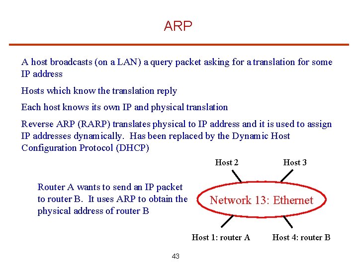 ARP A host broadcasts (on a LAN) a query packet asking for a translation