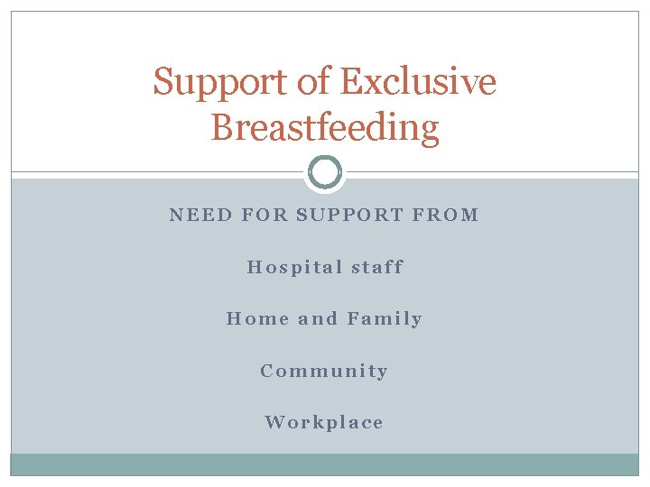 Support of Exclusive Breastfeeding NEED FOR SUPPORT FROM Hospital staff Home and Family Community Support of Exclusive Breastfeeding NEED FOR SUPPORT FROM Hospital staff Home and Family Community