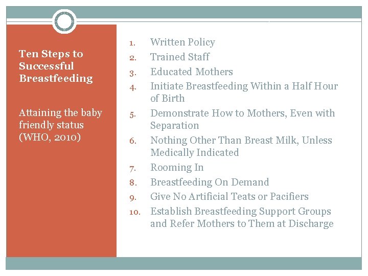 Written Policy 2. Trained Staff 3. Educated Mothers 4. Initiate Breastfeeding Within a Half Written Policy 2. Trained Staff 3. Educated Mothers 4. Initiate Breastfeeding Within a Half
