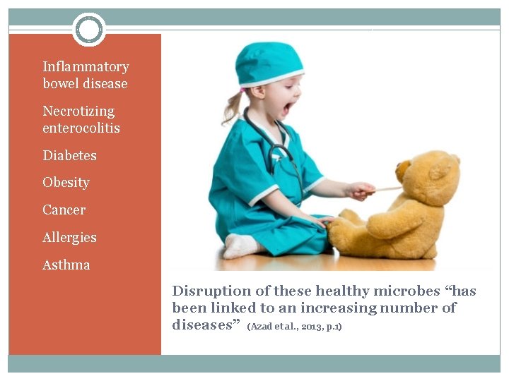 • Inflammatory bowel disease • Necrotizing enterocolitis • Diabetes • Obesity • Cancer • Inflammatory bowel disease • Necrotizing enterocolitis • Diabetes • Obesity • Cancer