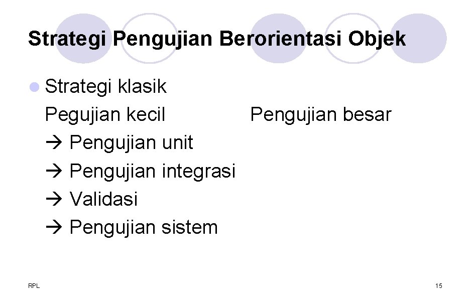 Strategi Pengujian Berorientasi Objek l Strategi klasik Pegujian kecil Pengujian besar Pengujian unit Pengujian