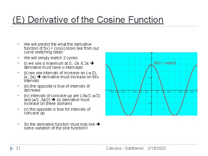 (E) Derivative of the Cosine Function 21 We will predict the what the derivative