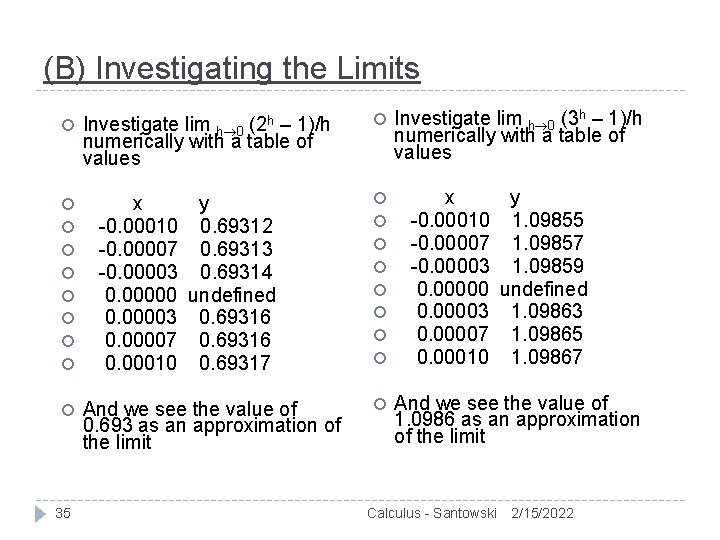 (B) Investigating the Limits 35 Investigate lim h 0 (2 h – 1)/h numerically