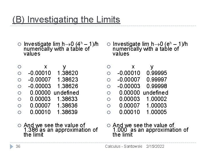 (B) Investigating the Limits 36 Investigate lim h 0 (4 h – 1)/h numerically