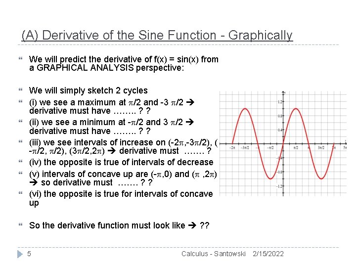 (A) Derivative of the Sine Function - Graphically We will predict the derivative of