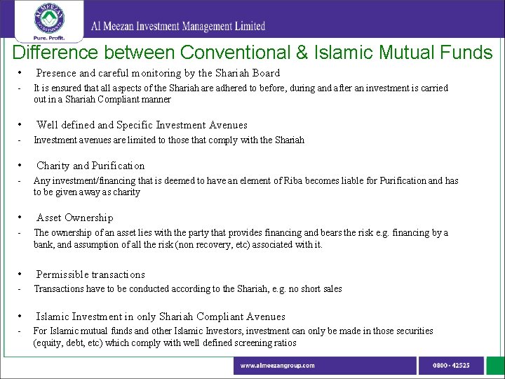 Difference between Conventional & Islamic Mutual Funds • - • - Presence and careful