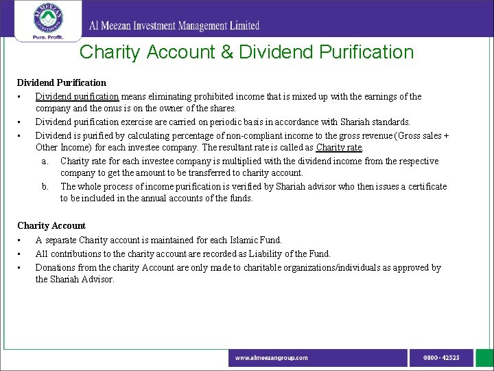 Charity Account & Dividend Purification • Dividend purification means eliminating prohibited income that is