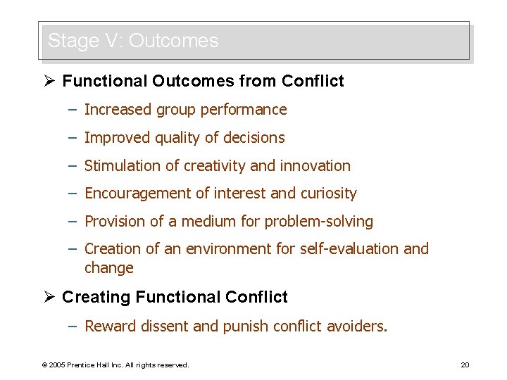 Stage V: Outcomes Ø Functional Outcomes from Conflict – Increased group performance – Improved