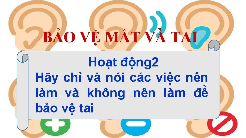 BẢO VỆ MẮT VÀ TAI Hoạt động 2 Hãy chỉ và nói các việc BẢO VỆ MẮT VÀ TAI Hoạt động 2 Hãy chỉ và nói các việc