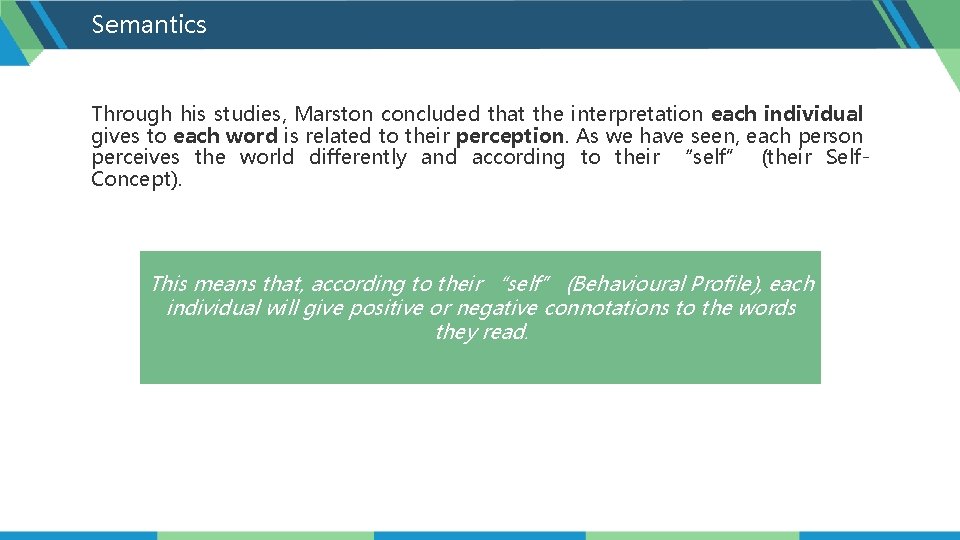Semantics Through his studies, Marston concluded that the interpretation each individual gives to each