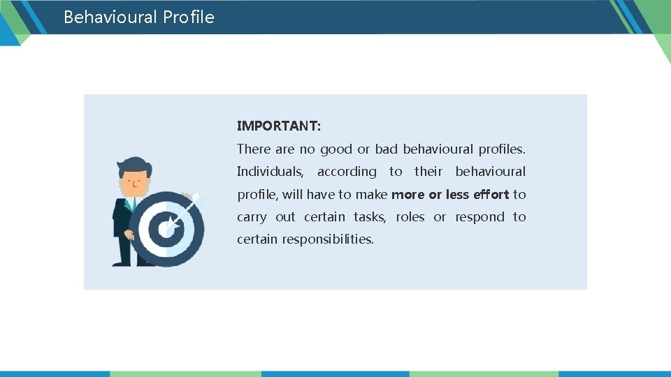 Behavioural Profile IMPORTANT: There are no good or bad behavioural profiles. Individuals, according to