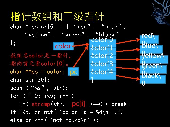 指针数组和二级指针 char * color[5] = { “red”, “blue”, “yellow”, “green”, “black” color[0 }; color