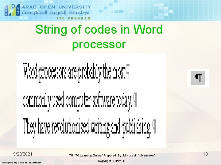 String of codes in Word processor 9/20/2021 TU 170 Learning Online( Prepared By: M.