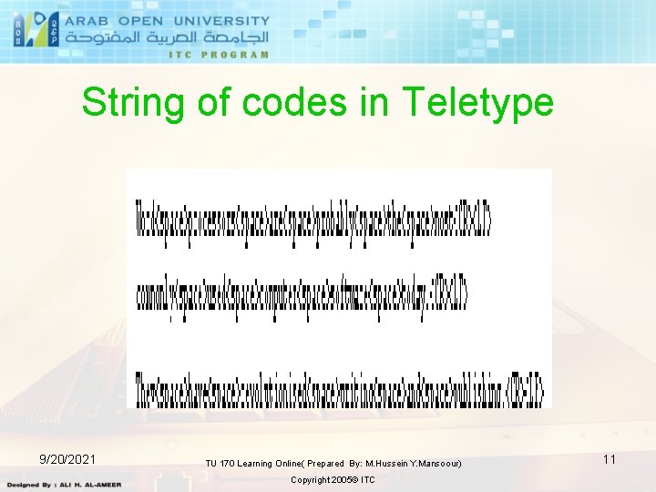 String of codes in Teletype 9/20/2021 TU 170 Learning Online( Prepared By: M. Hussein