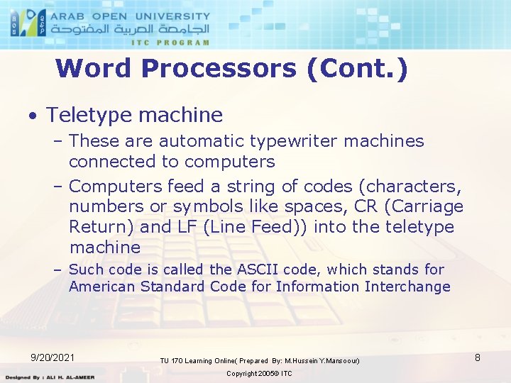 Word Processors (Cont. ) • Teletype machine – These are automatic typewriter machines connected