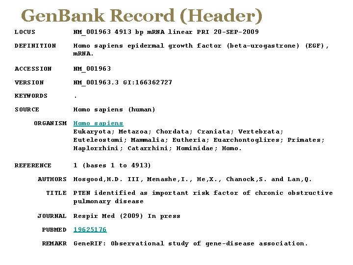 Gen. Bank Record (Header) LOCUS NM_001963 4913 bp m. RNA linear PRI 20 -SEP-2009