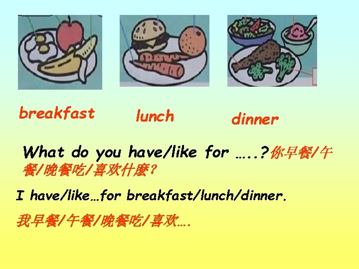 breakfast lunch dinner What do you have/like for …. . ? 你早餐/午 餐/晚餐吃/喜欢什麽？ I