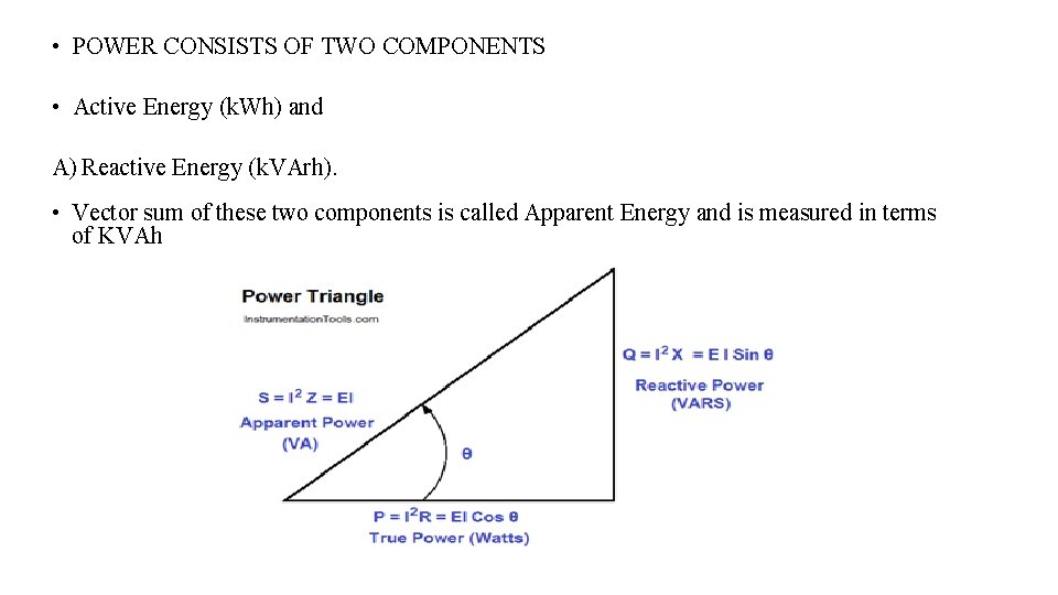  • POWER CONSISTS OF TWO COMPONENTS • Active Energy (k. Wh) and A)