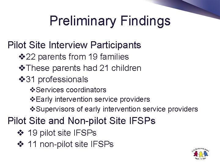 Preliminary Findings Pilot Site Interview Participants v 22 parents from 19 families v. These