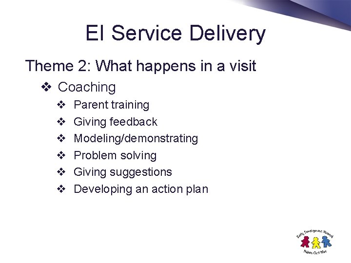 EI Service Delivery Theme 2: What happens in a visit v Coaching v v