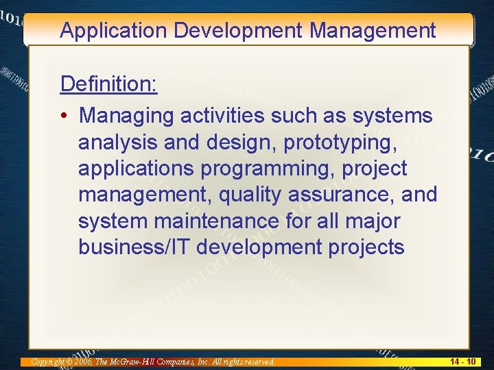 Application Development Management Definition: • Managing activities such as systems analysis and design, prototyping,