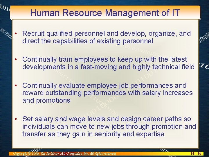 Human Resource Management of IT • Recruit qualified personnel and develop, organize, and direct