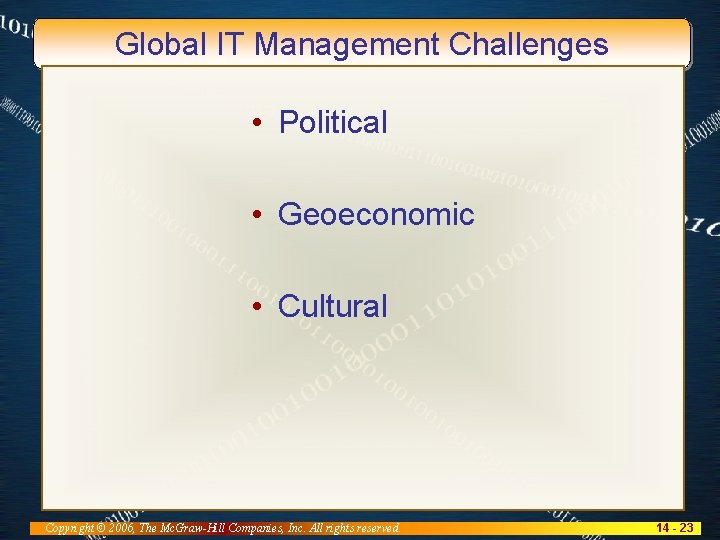 Global IT Management Challenges • Political • Geoeconomic • Cultural Copyright © 2006, The