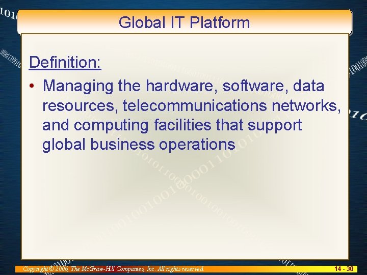 Global IT Platform Definition: • Managing the hardware, software, data resources, telecommunications networks, and