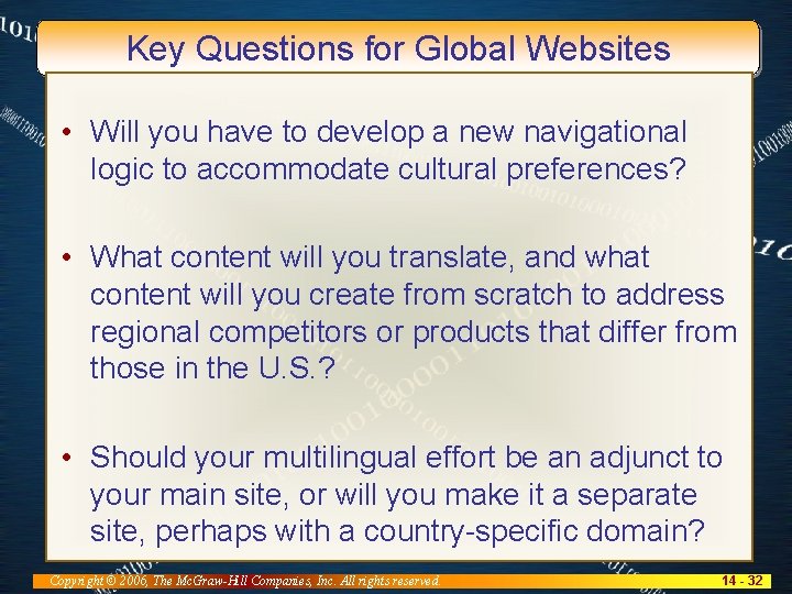 Key Questions for Global Websites • Will you have to develop a new navigational