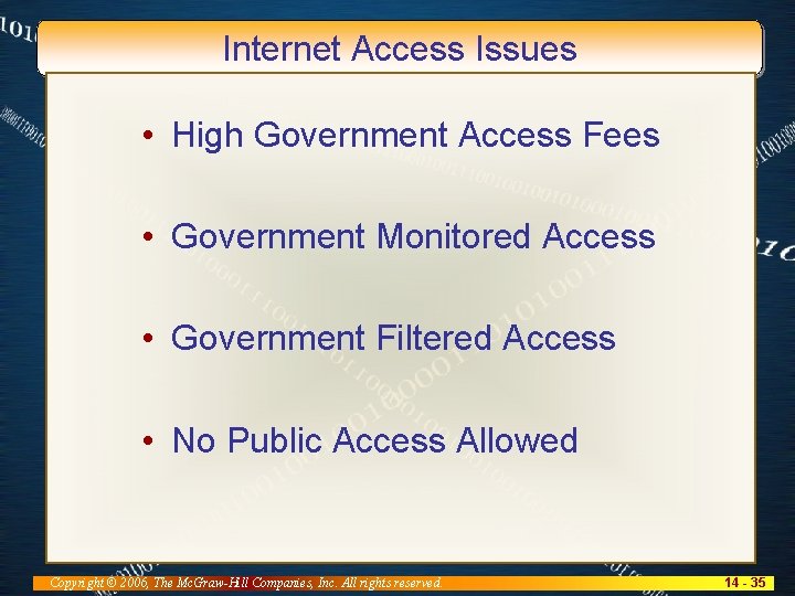 Internet Access Issues • High Government Access Fees • Government Monitored Access • Government