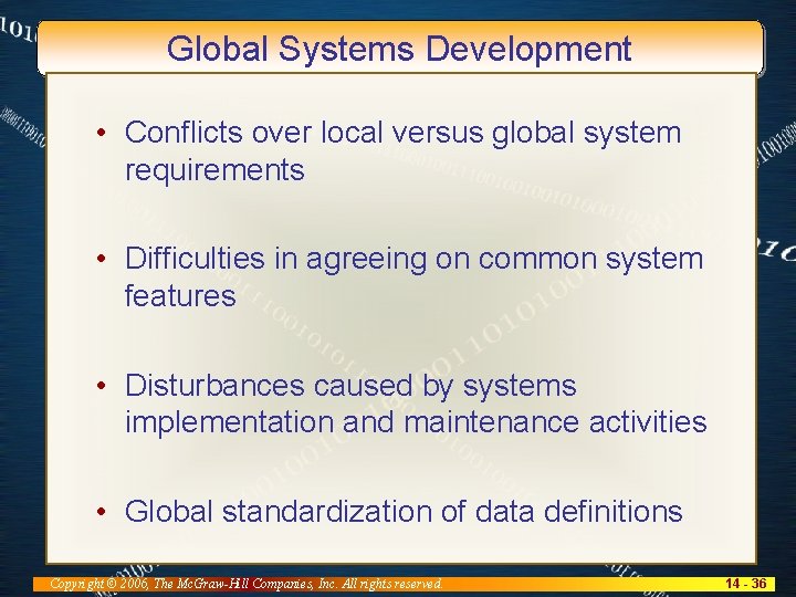Global Systems Development • Conflicts over local versus global system requirements • Difficulties in