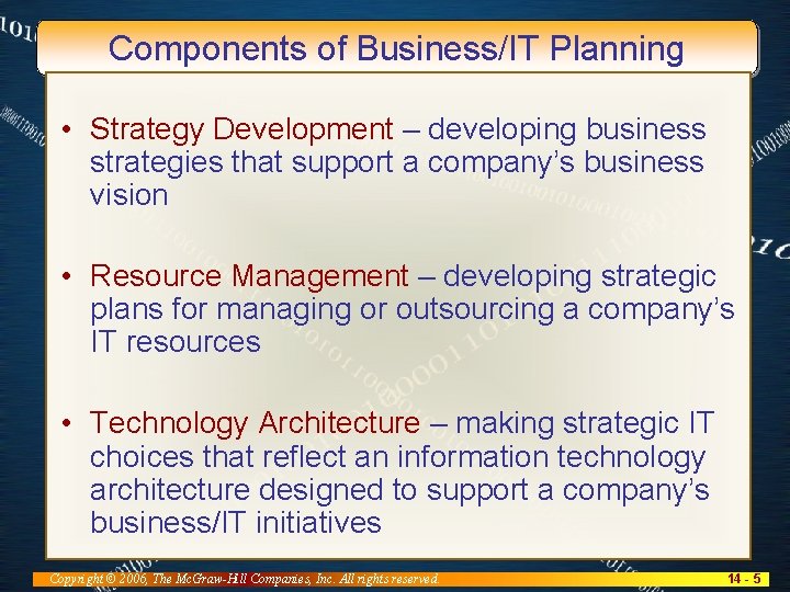 Components of Business/IT Planning • Strategy Development – developing business strategies that support a