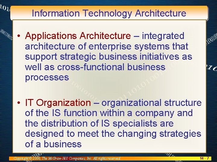 Information Technology Architecture • Applications Architecture – integrated architecture of enterprise systems that support