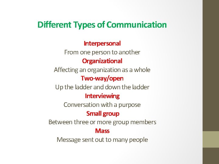 Different Types of Communication Interpersonal From one person to another Organizational Affecting an organization