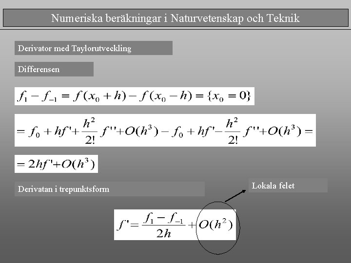 Numeriska beräkningar i Naturvetenskap och Teknik Derivator med Taylorutveckling Differensen Derivatan i trepunktsform Lokala