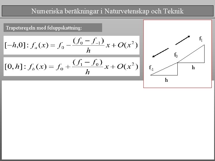 Numeriska beräkningar i Naturvetenskap och Teknik Trapetsregeln med feluppskattning: f 1 f 0 f-1