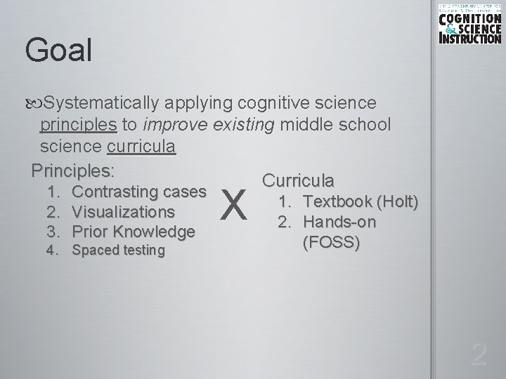 Goal Systematically applying cognitive science principles to improve existing middle school science curricula Principles: