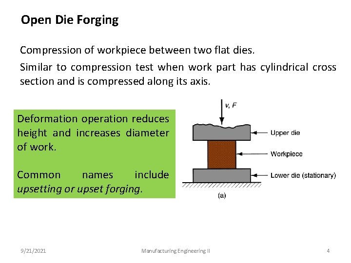 Open Die Forging Compression of workpiece between two flat dies. Similar to compression test
