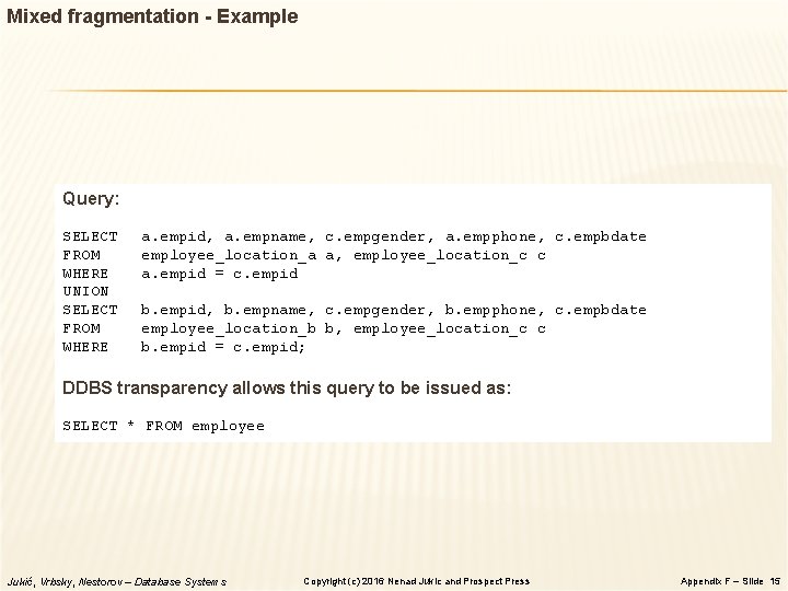 Mixed fragmentation - Example Query: SELECT FROM WHERE UNION SELECT FROM WHERE a. empid,