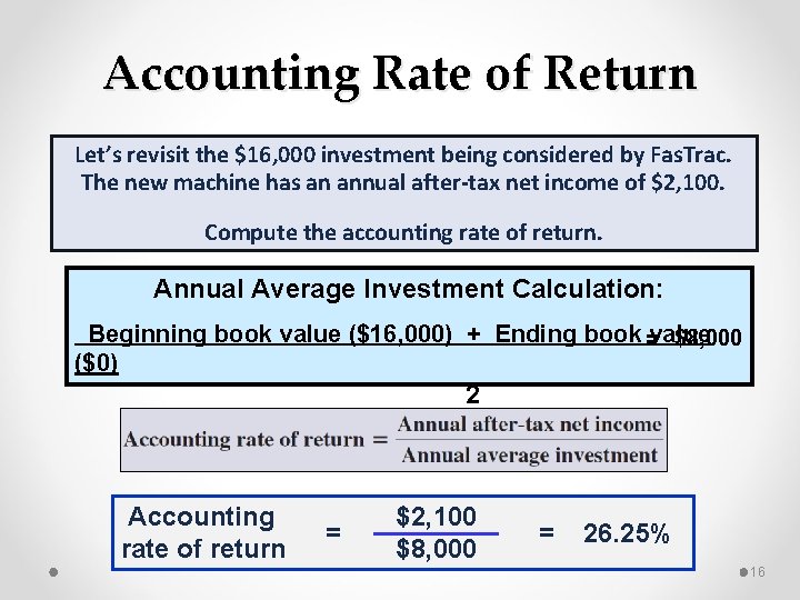 Accounting Rate of Return Let’s revisit the $16, 000 investment being considered by Fas.